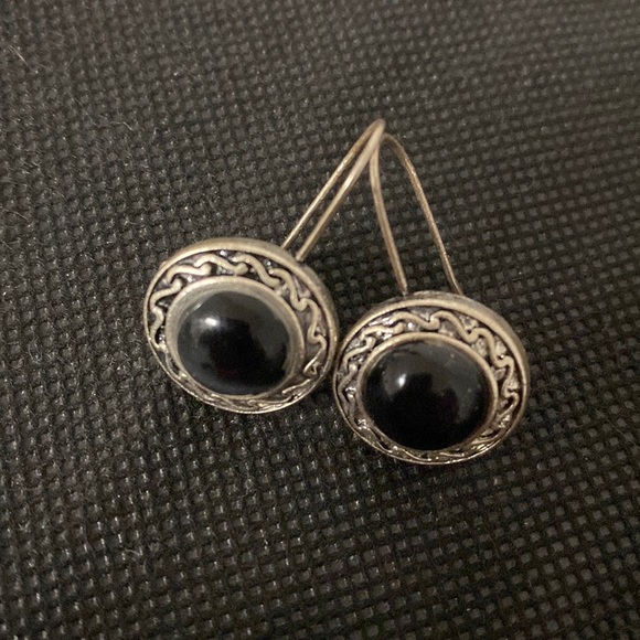 Vintage Black onyx in silver metal design frame pierced earrings with necklace - Picture 6 of 13